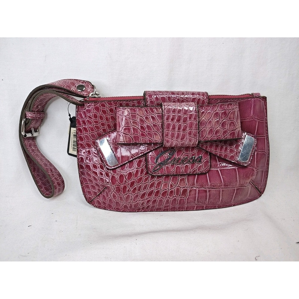GUESS Lulin Mini Plum Pink Croc Embossed Patent Bow Shoulder Bag NWT CN215292